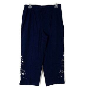 💥5/$25 Susan Graver sz S Pants Blue Rhinestone Cutout Ankle Elastic Waist Capri